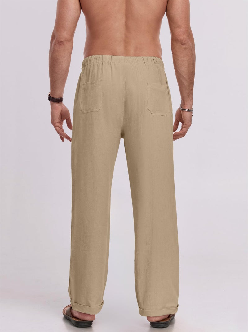 Puimentiua Mens Linen Pants Elastic Waist Drawstring Loose Fit Casual Summer Beach Pants with Pockets Baggy Trousers Dark Khaki-L - Image 4