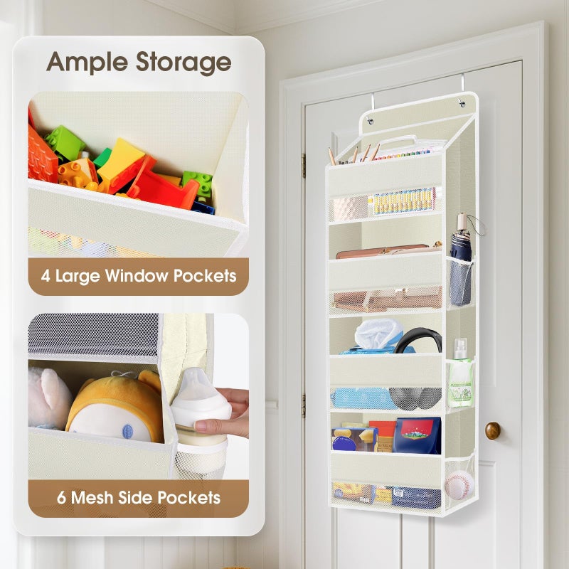 SpaceHacks 1 Pack Over The Door Organizer, Hanging Storage Organizer with Clear Window, 40lb Ultra Sturdy Large Capacity Room Organizer for Pantry Bathroom Nursery Closet Baby Essential (Beige) - Image 4