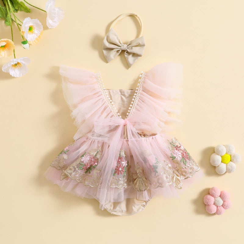 Giraropa Baby Girl Romper Dress Lace Tulle Tutu Bodysuit Jumpsuit Flowers Embroidery Skirt Infant Girl Spring Summer Clothes (Pink c, 3-6 Months) - Image 3
