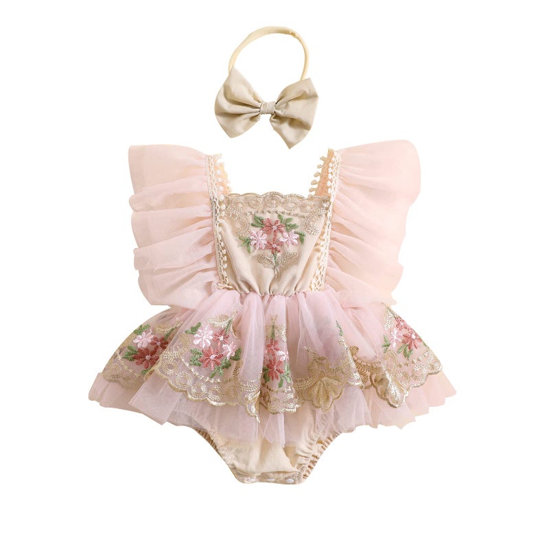 Giraropa Baby Girl Romper Dress Lace Tulle Tutu Bodysuit Jumpsuit Flowers Embroidery Skirt Infant Girl Spring Summer Clothes (Pink c, 3-6 Months) - Image 1