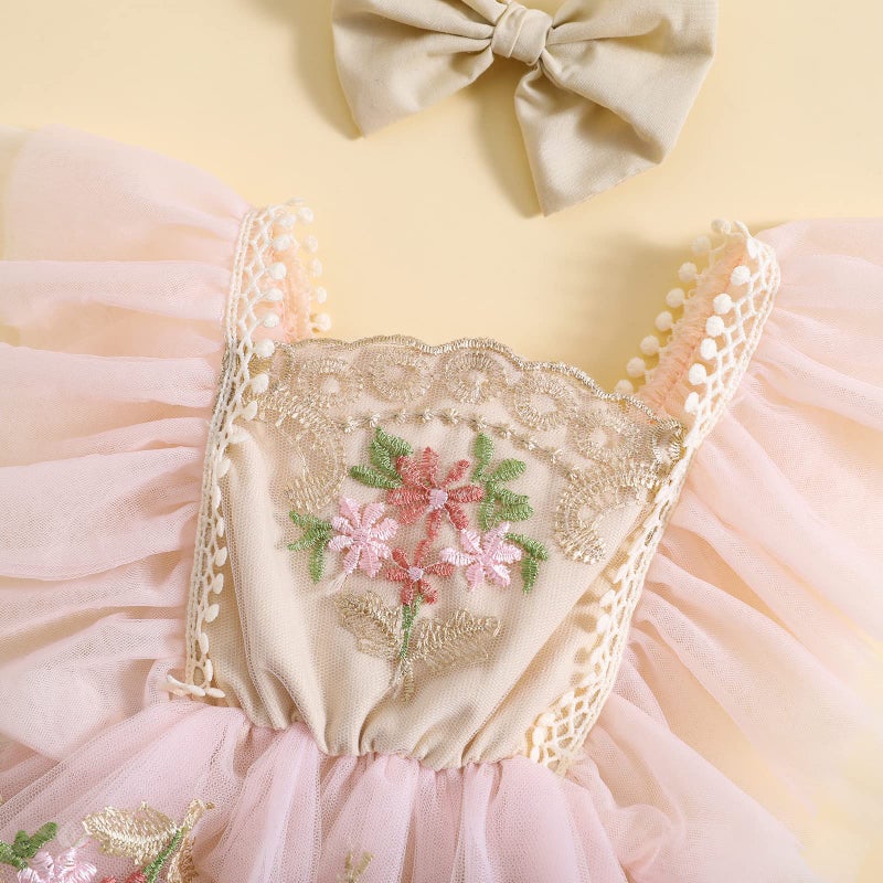 Giraropa Baby Girl Romper Dress Lace Tulle Tutu Bodysuit Jumpsuit Flowers Embroidery Skirt Infant Girl Spring Summer Clothes (Pink c, 3-6 Months) - Image 5
