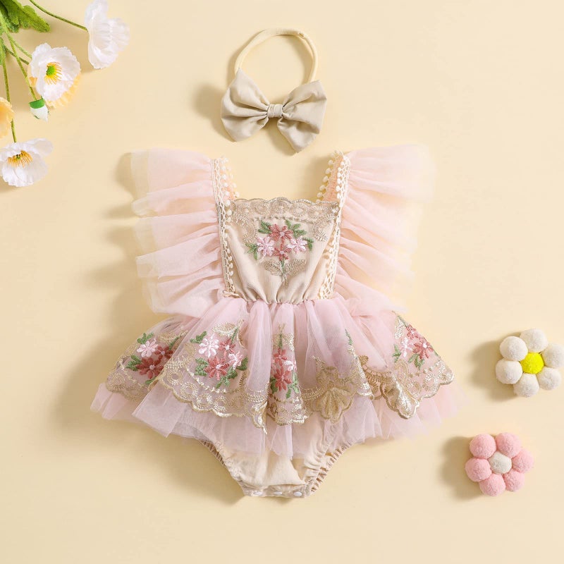 Giraropa Baby Girl Romper Dress Lace Tulle Tutu Bodysuit Jumpsuit Flowers Embroidery Skirt Infant Girl Spring Summer Clothes (Pink c, 3-6 Months) - Image 2