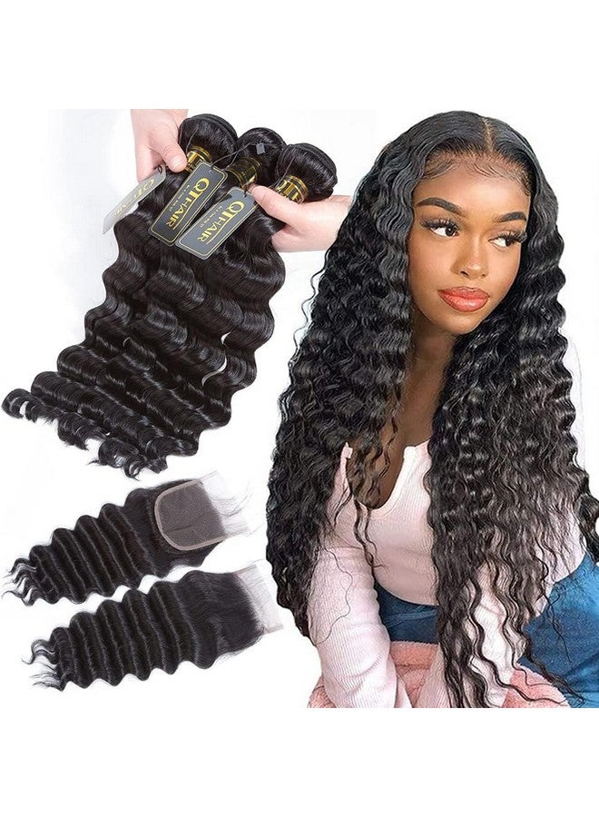 QTHAIR 16A loose Deep Wave Bundles with Closure for Black Women(12 14 16+10)100% Unprocessed Brazilian Deep Wave Human Hair 3 Bundles with 4X4 Lace Closure Free Part Natural Color - Image 1