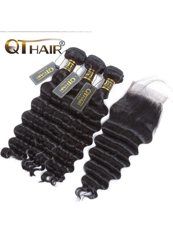 QTHAIR 16A loose Deep Wave Bundles with Closure for Black Women(12 14 16+10)100% Unprocessed Brazilian Deep Wave Human Hair 3 Bundles with 4X4 Lace Closure Free Part Natural Color - Image 2