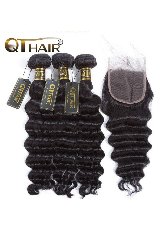 QTHAIR 16A loose Deep Wave Bundles with Closure for Black Women(12 14 16+10)100% Unprocessed Brazilian Deep Wave Human Hair 3 Bundles with 4X4 Lace Closure Free Part Natural Color - Image 3