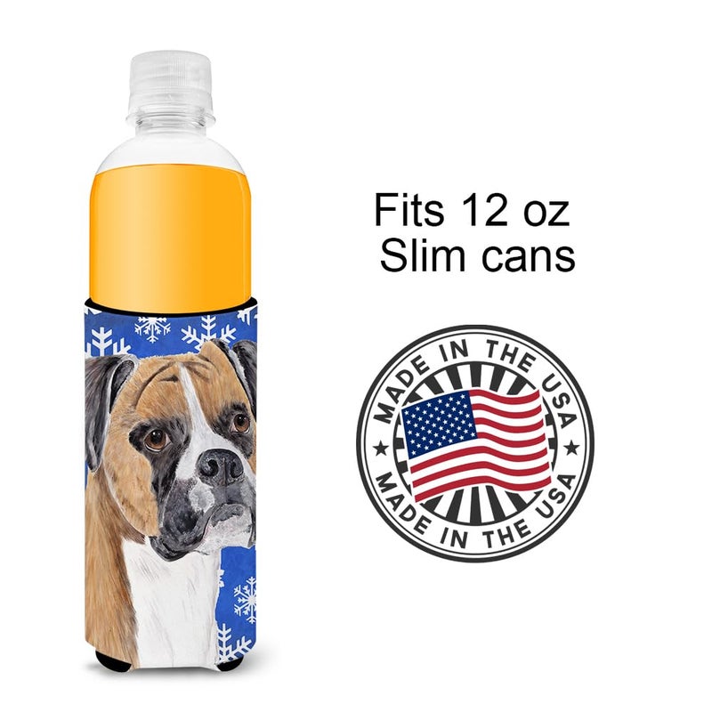 Caroline's Treasures Caroline's Treasures SC9390MUK Boxer Winter Snowflakes Holiday Ultra Hugger for slim cans Can Cooler Sleeve Hugger Machine Washable Drink Sleeve Hugger Collapsible Insulator Beverage Insulated Holder  - Image 3