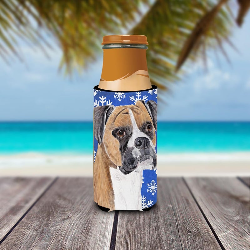 Caroline's Treasures Caroline's Treasures SC9390MUK Boxer Winter Snowflakes Holiday Ultra Hugger for slim cans Can Cooler Sleeve Hugger Machine Washable Drink Sleeve Hugger Collapsible Insulator Beverage Insulated Holder  - Image 2