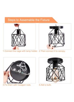 بيوينتي Vintage Ceiling Light, Industrial Semi-Flush Mount Chandeliers with Metal Cage, E27 Base Ceiling Lamp Fixture for Porch Hallway Kitchen Farmhouse Lighting (Black, 2 Packs)  - Image 5