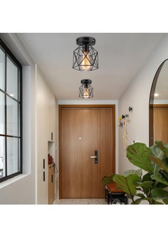 بيوينتي Vintage Ceiling Light, Industrial Semi-Flush Mount Chandeliers with Metal Cage, E27 Base Ceiling Lamp Fixture for Porch Hallway Kitchen Farmhouse Lighting (Black, 2 Packs)  - Image 2