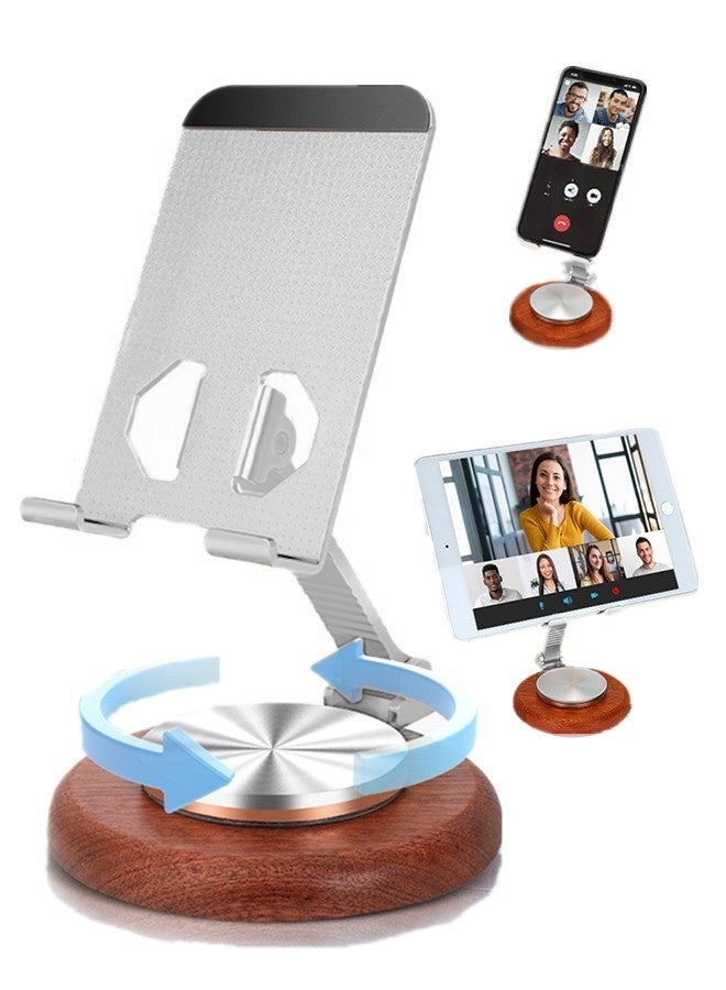 Phone Holder Premium,Mobile and Tablet Stand,360° Swivelling Solid Wood Base+All-Metal Adjustable Collapsible Premium Phone Holder,With Anti-slip Pads Phone Mount ,Compatible with iPhone,iPad,Android Mobile Phones and Tablets for Office/Live/Movie Watching,Mount,Mobile and Tablet Holder Premium-Silver - Image 1