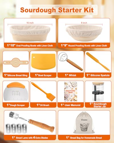 DEORFGO Sourdough Bread Baking Supplies Tools,10 Inch Oval & 9 Inch Round Banneton Bread Proofing Basket Set,Sourdough Starter Kit Gift for Bread Making (white with Starter Jar) - Image 3