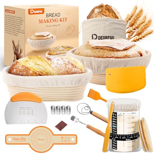 DEORFGO Sourdough Bread Baking Supplies Tools,10 Inch Oval & 9 Inch Round Banneton Bread Proofing Basket Set,Sourdough Starter Kit Gift for Bread Making (white with Starter Jar) - Image 1