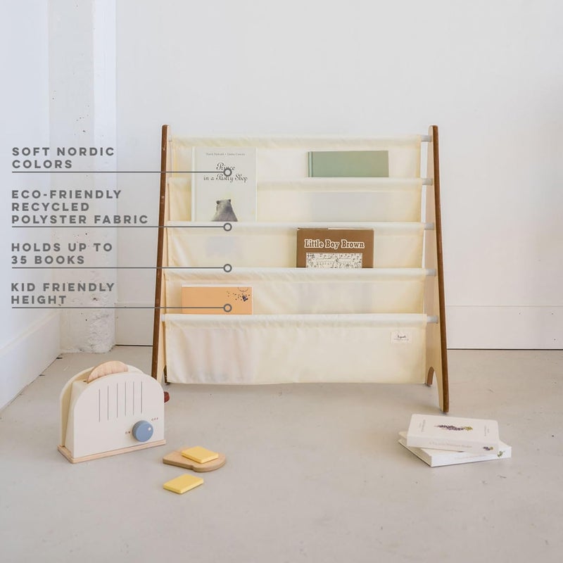 3 Sprouts Kids Bookshelf with Recycled Fabric - 4-Tier Sling Storage for Kids Rooms Holds 35 Titles - Toddler Organizer for Ages 3+ - Cream - Image 3