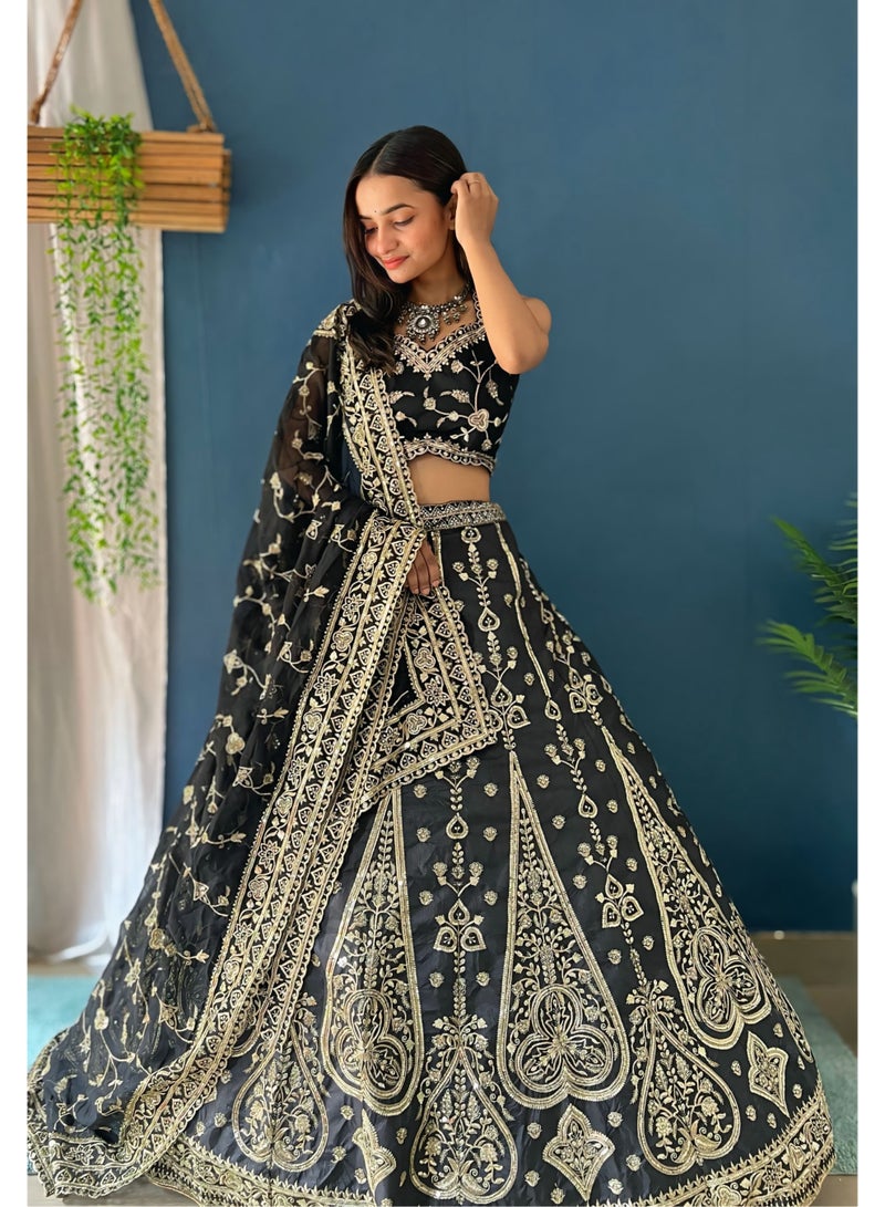 Super Asian Designer Jalpari Silk Lehenga with Georgette Dupatta & Heavy Can-Can Flair  - Image 3
