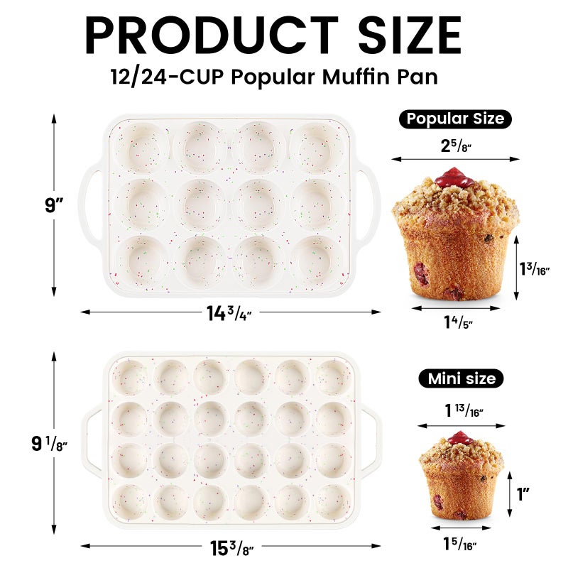 Vinino 2Pack Silicone Muffin Pan for Baking with Metal Reinforced Frame, Regular 12 Cup and Mini 24 Cup Nonstick Cupcake Pan Set, BPA Free Silicone Muffin Tray Molds for Oven Dishwasher Safe - Image 4