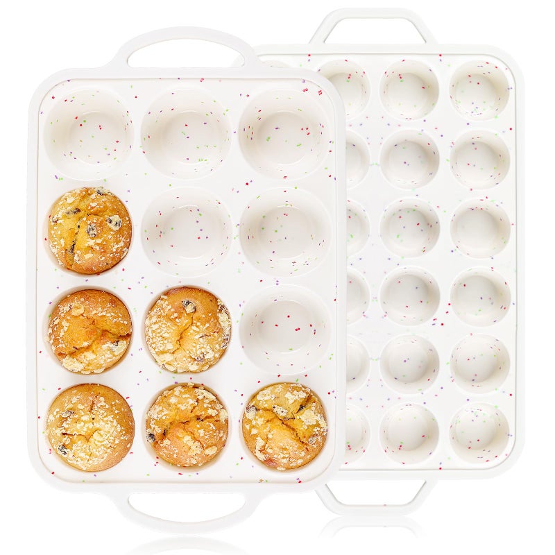 Vinino 2Pack Silicone Muffin Pan for Baking with Metal Reinforced Frame, Regular 12 Cup and Mini 24 Cup Nonstick Cupcake Pan Set, BPA Free Silicone Muffin Tray Molds for Oven Dishwasher Safe - Image 1