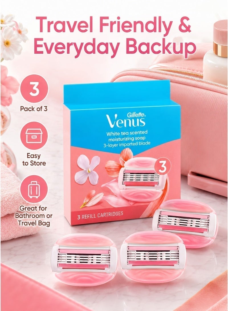 فينوس Gillette Venus Skin Cushion رؤوس شفرات حلاقة بديلة ثلاثية الشفرات عبوة من 3 قطع، شرائط ترطيب برائحة الشاي الأبيض، شفرات بديلة للنساء، لا يشمل المقبض - Image 5