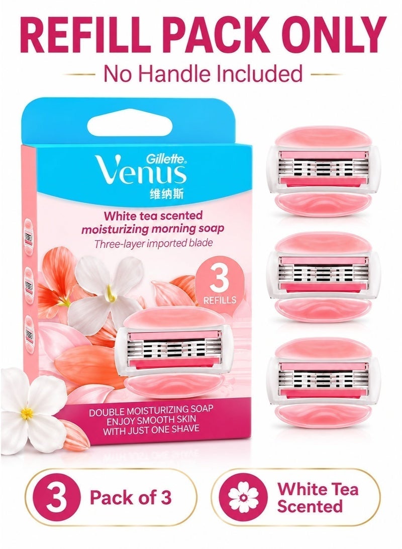 فينوس Gillette Venus Skin Cushion رؤوس شفرات حلاقة بديلة ثلاثية الشفرات عبوة من 3 قطع، شرائط ترطيب برائحة الشاي الأبيض، شفرات بديلة للنساء، لا يشمل المقبض - Image 2