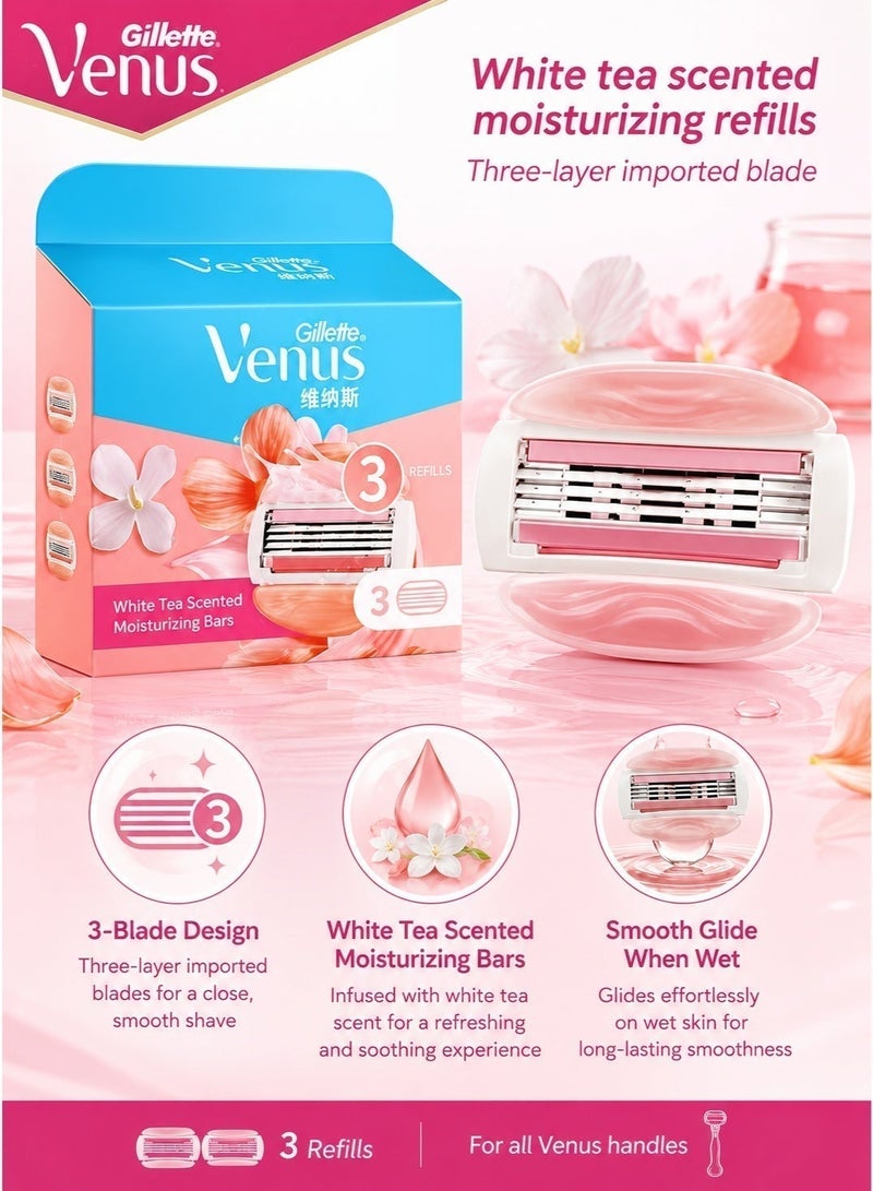 فينوس Gillette Venus Skin Cushion رؤوس شفرات حلاقة بديلة ثلاثية الشفرات عبوة من 3 قطع، شرائط ترطيب برائحة الشاي الأبيض، شفرات بديلة للنساء، لا يشمل المقبض - Image 3
