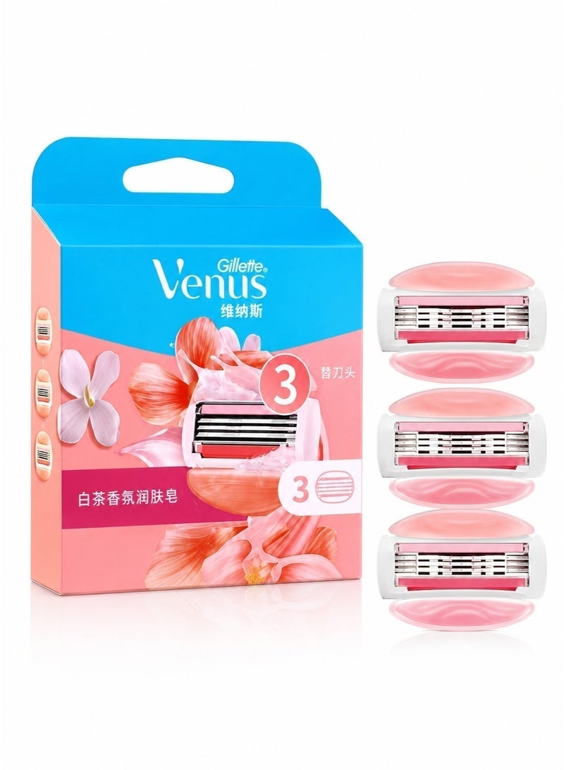 فينوس Gillette Venus Skin Cushion رؤوس شفرات حلاقة بديلة ثلاثية الشفرات عبوة من 3 قطع، شرائط ترطيب برائحة الشاي الأبيض، شفرات بديلة للنساء، لا يشمل المقبض - Image 1