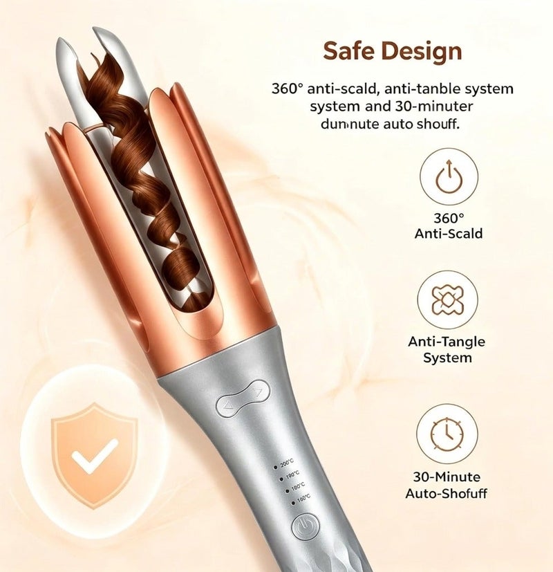 Automatic Hair Curler, Auto Curling Wand with 4 Temperature Settings (160°C-200°C), Anti-Scald and Anti-Tangle Smart Design, 360° Swivel Cord Dual Voltage Travel Hair Waver for Long and Medium Hair - Image 3