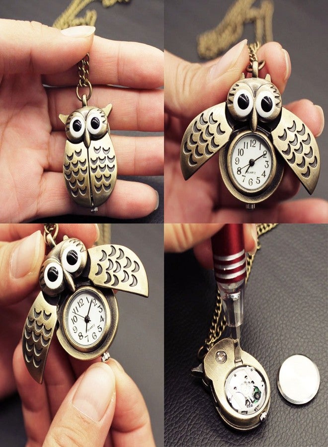 LightOnIt Vintage Cute Flying Owl Pocket Watch Pendant Long Chain Sweater Necklace for Men Boys Girls Gift (Wings) - Image 3