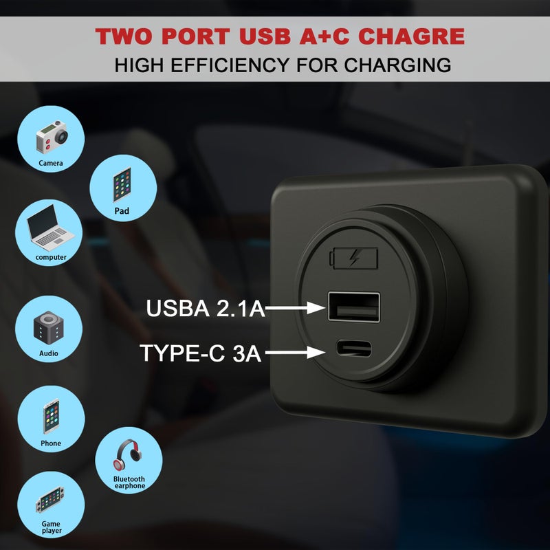 DAMAVO 12V/24V USB C Outlet Power Socket Car Charger USB Port for Car, Bus, RV, Boat, Vehicle Boat ATV Truck Golf Cart - Image 3
