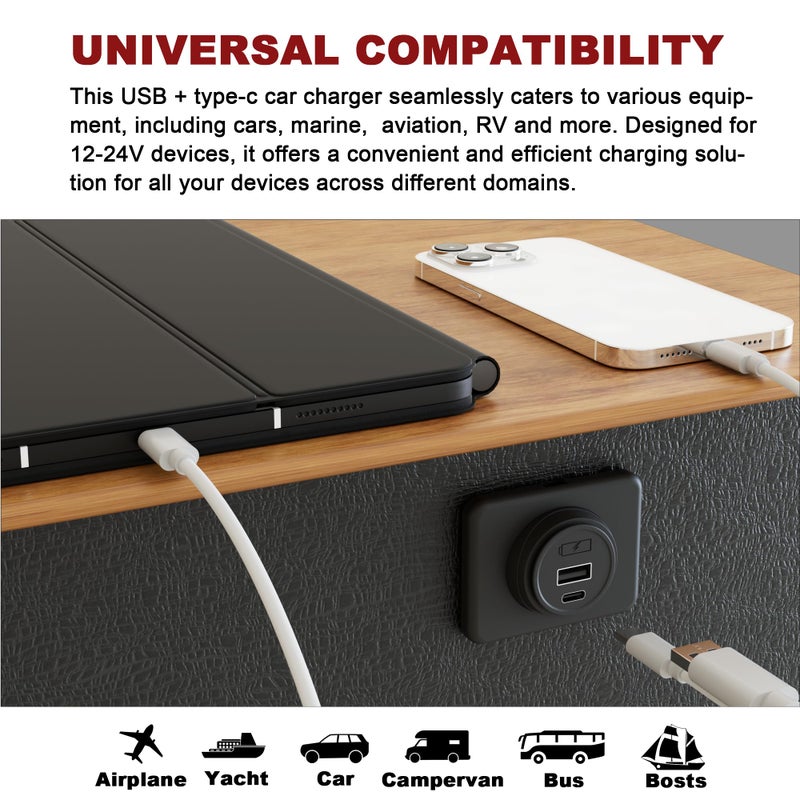 DAMAVO 12V/24V USB C Outlet Power Socket Car Charger USB Port for Car, Bus, RV, Boat, Vehicle Boat ATV Truck Golf Cart - Image 2