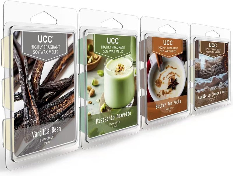 UCC Wax Melts, Soy Wax Cubes Strong Scent Long Lasting Premium Scented Mix Melts Tarts-Pistachio Amaretto, Butter Rum Mocha, Cuddle up (Tonka & Oud), Vanilla Bean - 4 Pack - Image 1