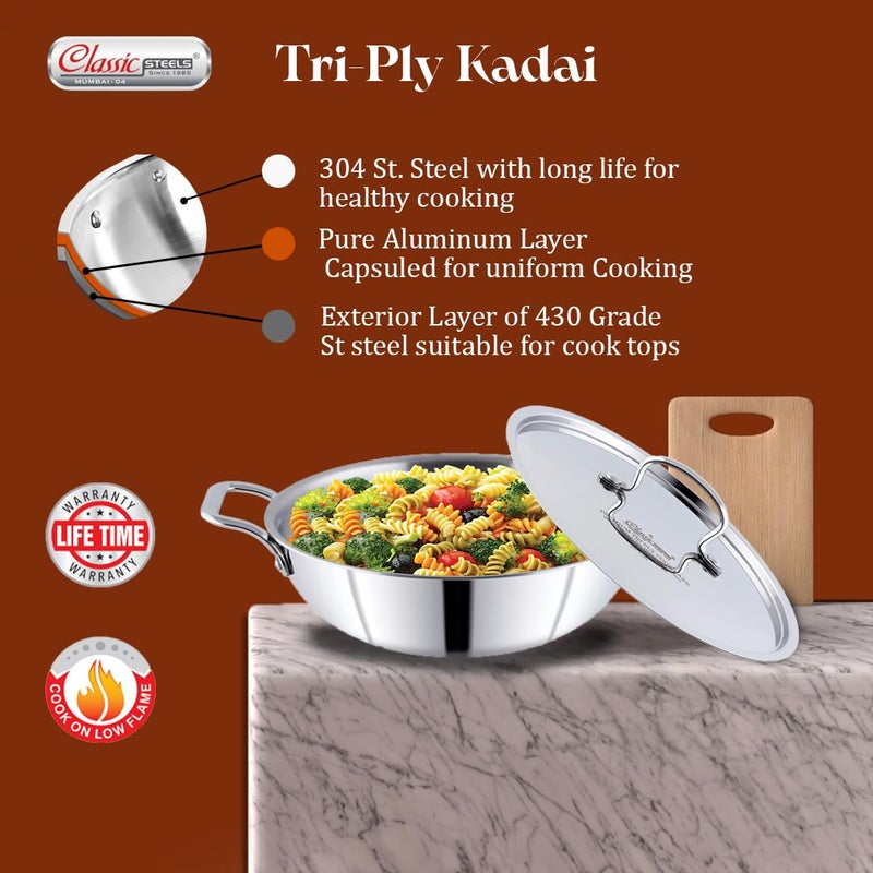 Classic Steels قدر ستيل ثلاثي الكروم الكلاسيكي مع غطاء 18 سم 12 لتر 25 مم سمك قدر ثلاثي مع قاعدة ثقيلة صديقة للحث قدر ستيل ثلاثي مع ضمان 5 سنوات - Image 4