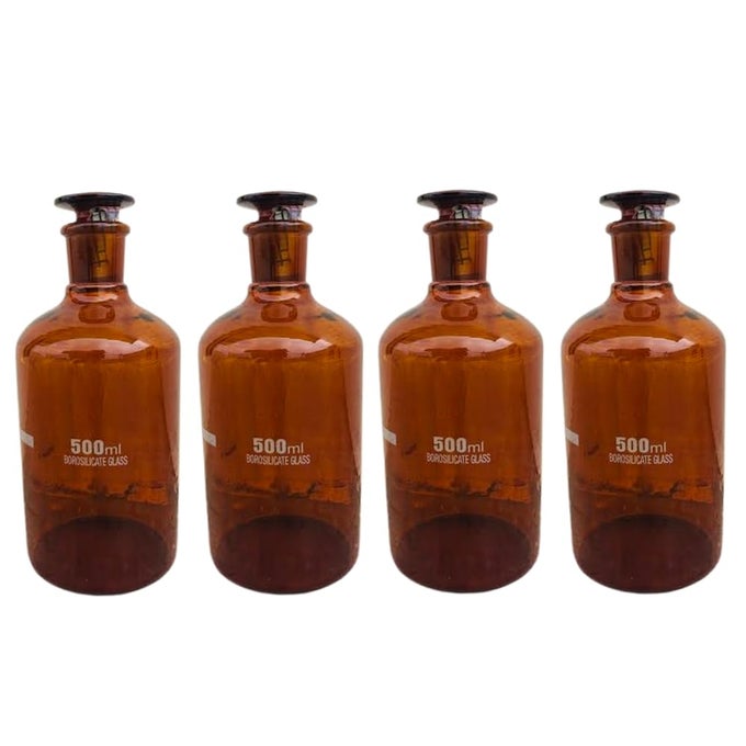 BOROSILICATE GLASS AMBER REAGENT BOTTLE WITH GLASS STOPPER 500ML SET OF 4 PIECE