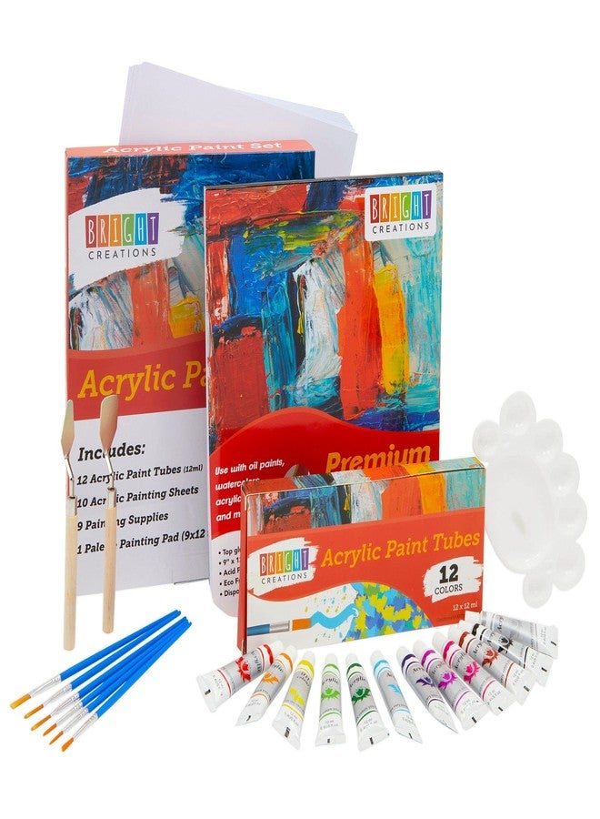 Bright Creations Acrylic Paint Set - 32-Piece Multi-Color Kit - 12 Tubes, 6-Piece Brush Set & 2 Palette Knives with Paper Palette Pad - Art Kit & Painting Supplies - Image 1