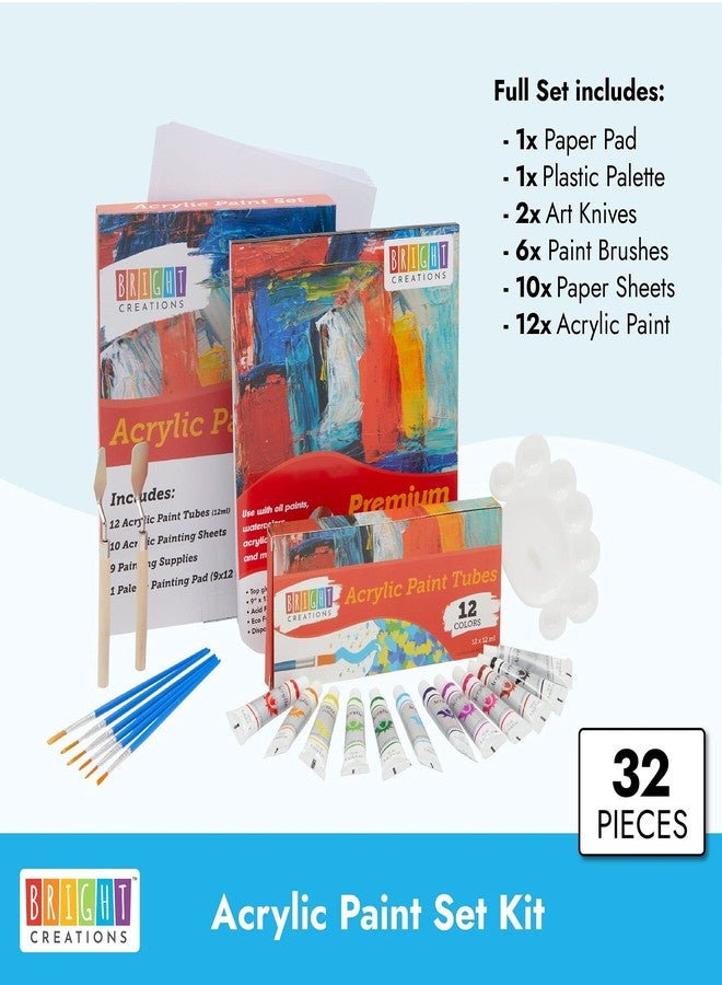 Bright Creations Acrylic Paint Set - 32-Piece Multi-Color Kit - 12 Tubes, 6-Piece Brush Set & 2 Palette Knives with Paper Palette Pad - Art Kit & Painting Supplies - Image 3