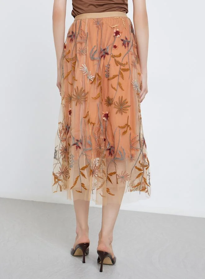 تايك تو Take Two Women's A-Line Floral Embroidery Mesh Maxi Skirt