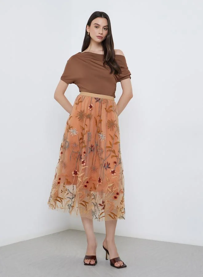 Take Two Take Two Women's A-Line Floral Embroidery Mesh Maxi Skirt