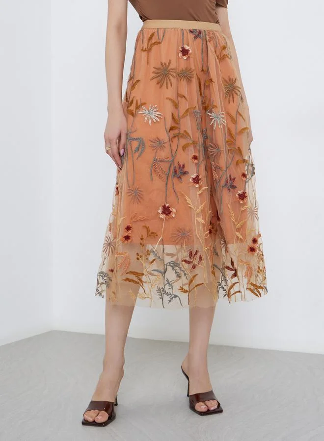 Take Two Take Two Women's A-Line Floral Embroidery Mesh Maxi Skirt