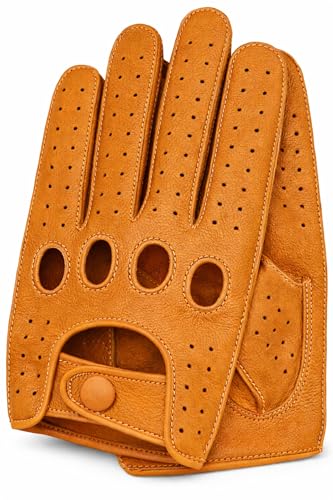 Riparo Men's Leather Driving Gloves – Genuine Cowhide Full-Finger Gloves for Driving & Motorcycle Riding – Breathable Perforated Motorsport Style (2X-Large, Cognac) - Image 3