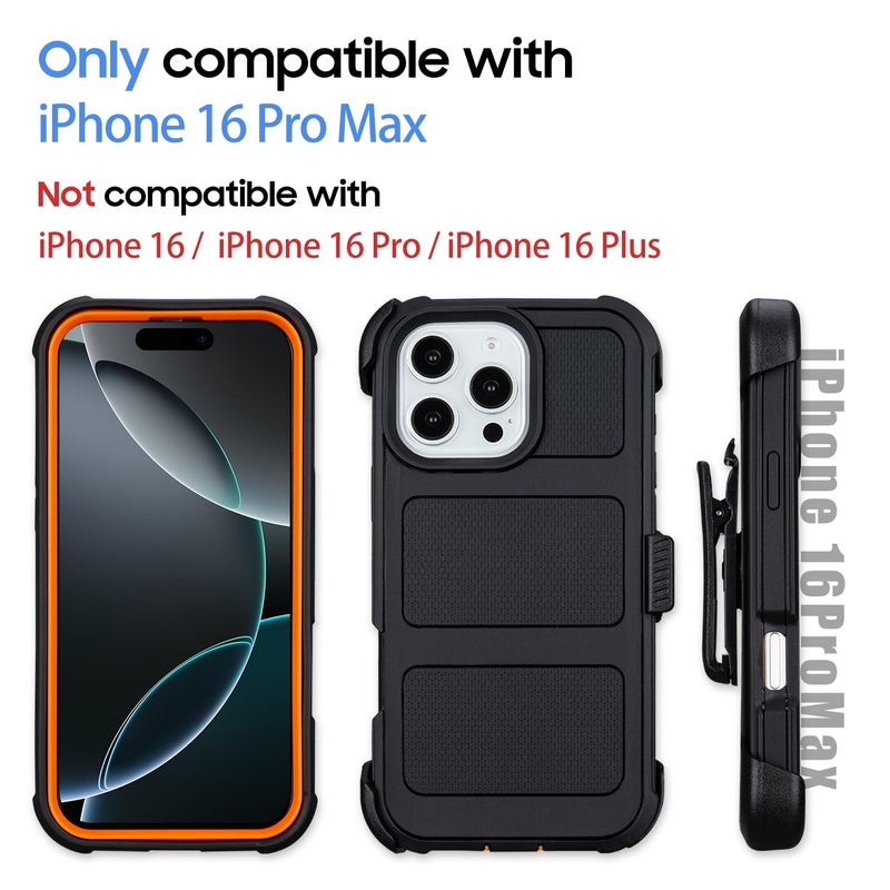Saiboro Defender for iPhone 16 Pro Max Case with Clip Holster,Heavy Duty Rugged Full-Body,2 Layers of Sturdy,Anti-Drop,Military-Grade Defender Cover for iPhone 16 Pro Max Phone Case (Black & Orange) - Image 3