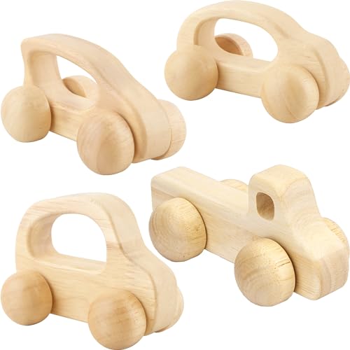 Fahacop 4 Pieces Wooden Toy Cars Mini Push Wood Truck Car Natural Wood Toys for Baby Toddler Birthday Party Gifts Nursery Decoration 4 Styles - Image 1