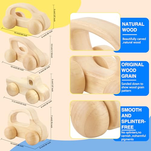 Fahacop 4 Pieces Wooden Toy Cars Mini Push Wood Truck Car Natural Wood Toys for Baby Toddler Birthday Party Gifts Nursery Decoration 4 Styles - Image 5