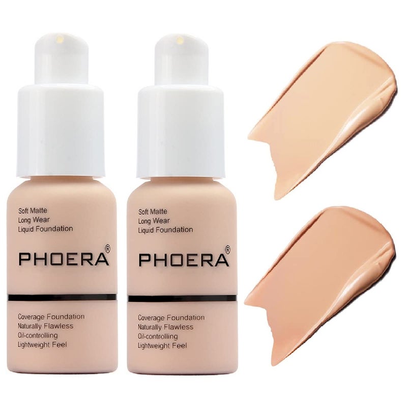 nvyue 2 Pack PHOERA Foundation,Matte Oil Control Concealer Cream,PHOERA Long Lasting Waterproof Matte Liquid Foundation for Women Girls (102 Nude+103 Warm peach) - Image 1
