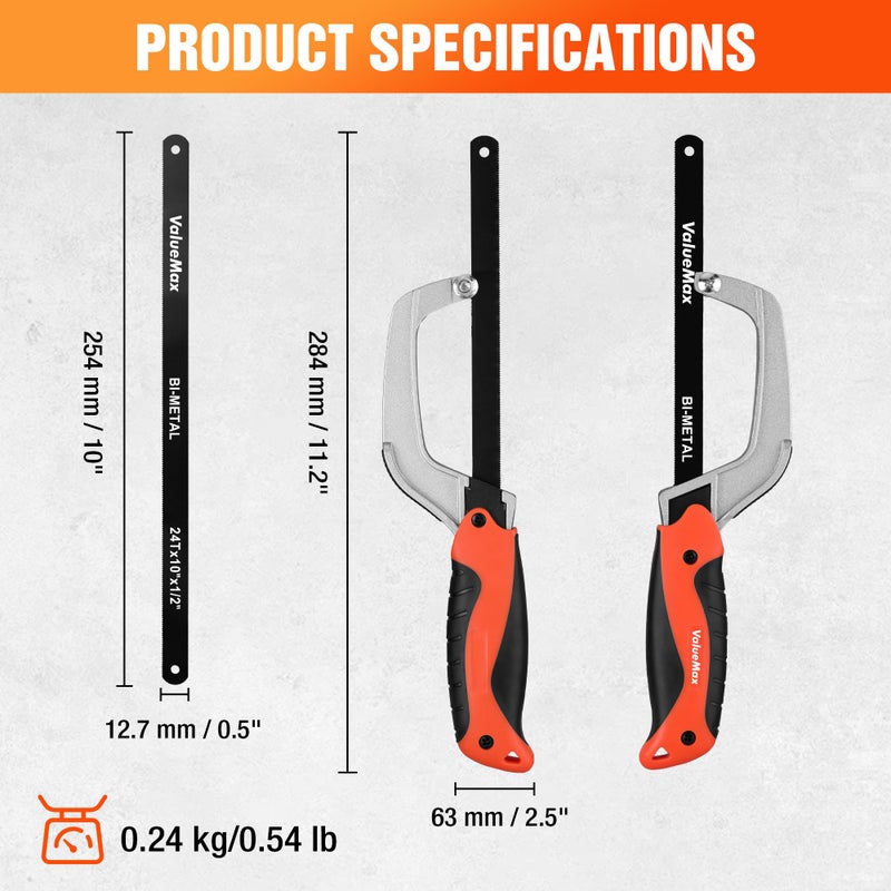 ValueMax Hacksaw, Mini Hack Saw with Extra 1 Piece Bi-Metal 10 Inch Blade, Aluminum Small Metal Saw for Wood, PVC, Iron, Copper, Compact Metal Cutter Tool for Tight Spaces & Small Objects - Image 2