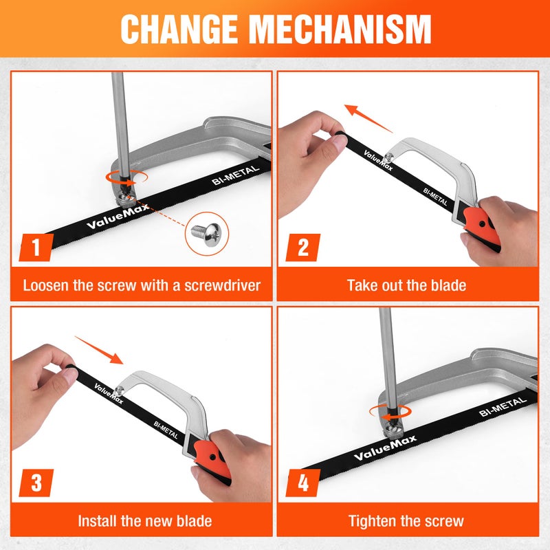 ValueMax Hacksaw, Mini Hack Saw with Extra 1 Piece Bi-Metal 10 Inch Blade, Aluminum Small Metal Saw for Wood, PVC, Iron, Copper, Compact Metal Cutter Tool for Tight Spaces & Small Objects - Image 5
