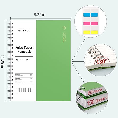 EMSHOI A4 Spiral Notebook Lined Journal, 300 Pages, College Ruled, 100gsm Thick Paper, Waterproof Softcover, Twin-Wire Binding, with Sticky Notes, Green (11.2" x 8.27") - Image 2