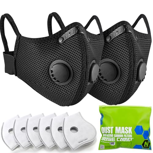 BASE CAMP Upgrade M Plus Dust Mask 2 Pack, Breathable Reusable Dust Face Mask with 6 Activated Carbon Filters for Woodworking Construction Mowing Grinding - Image 1