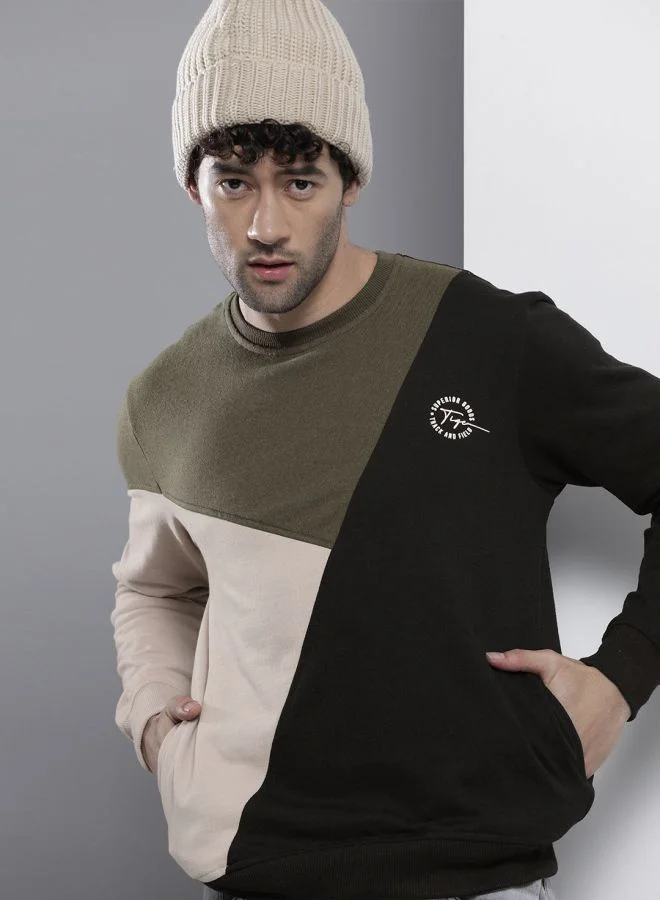 The Indian Garage Co Men Regular Fit Colourblocked Crew Neck Full Sleeves Sweatshirt