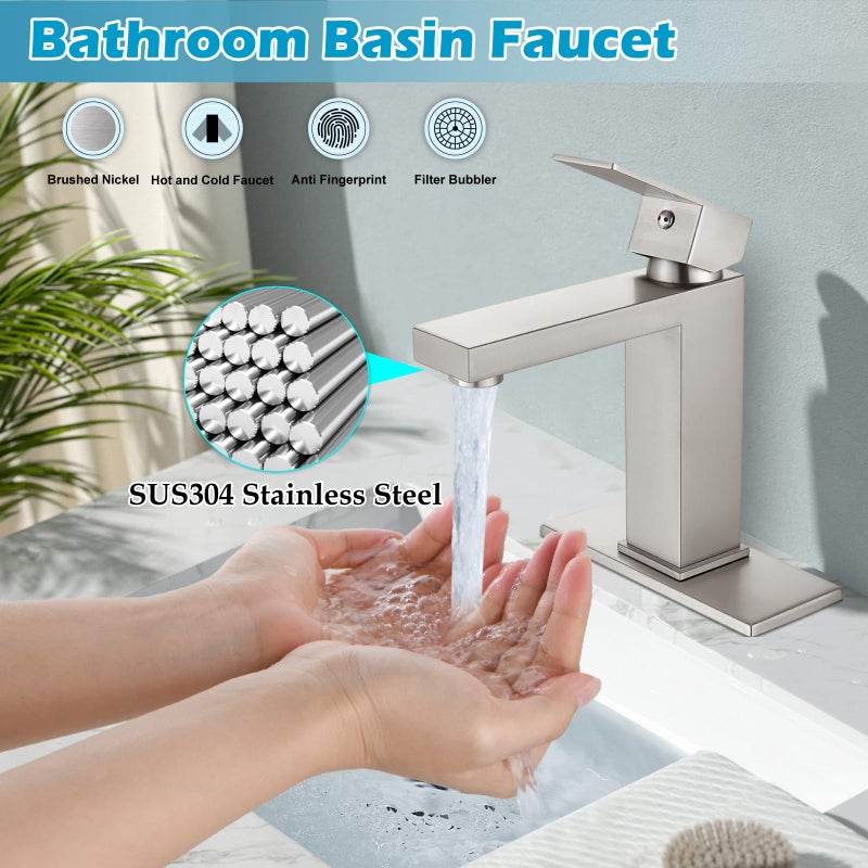 Midanya Bathroom Sink Faucet 1 Hole Single Handle Deck Mount Lavatory Mixer Tap Include Cover Plate One Lever Stainless Steel Sus304 Commercial Brushed Nickel With Pop Up Drain - Image 3