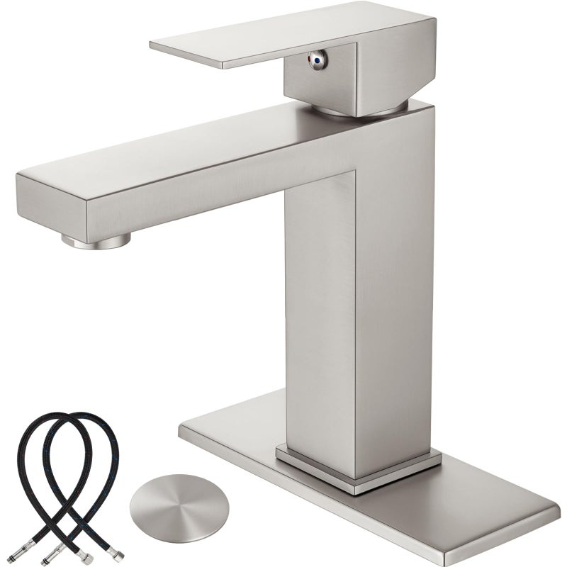 Midanya Bathroom Sink Faucet 1 Hole Single Handle Deck Mount Lavatory Mixer Tap Include Cover Plate One Lever Stainless Steel Sus304 Commercial Brushed Nickel With Pop Up Drain - Image 1