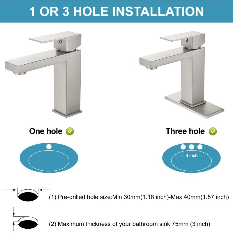 Midanya Bathroom Sink Faucet 1 Hole Single Handle Deck Mount Lavatory Mixer Tap Include Cover Plate One Lever Stainless Steel Sus304 Commercial Brushed Nickel With Pop Up Drain - Image 2