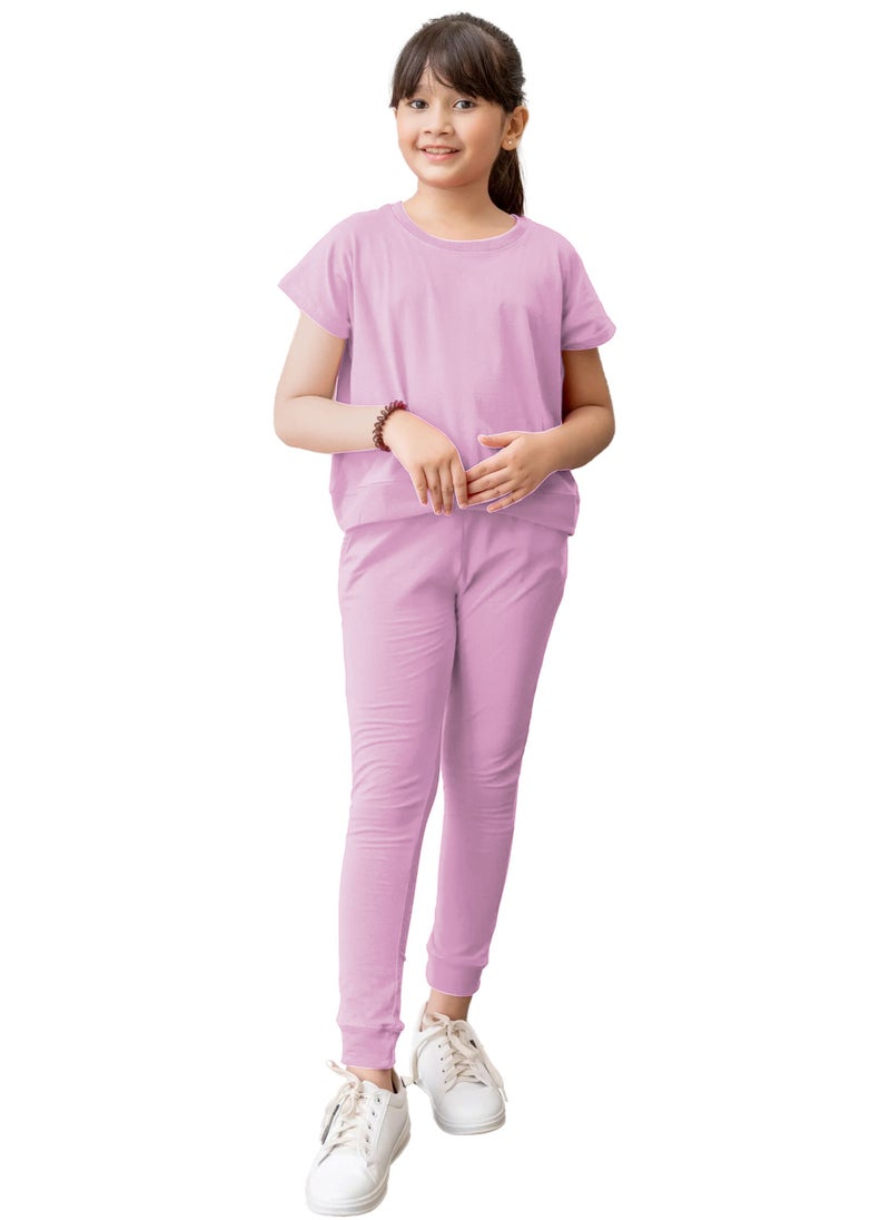 Selecta Now kids girls baby pink t shirt top legging set soft stretchable cotton casual outfit comfortable stylish everyday wear co ord set - Image 1